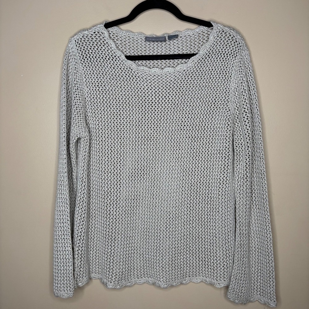 Relativity Women Large Open Knit Crochet Sweater Beige Scalloped Top Cottage - Picture 2 of 6